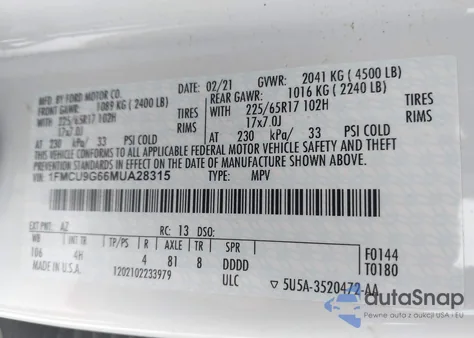 2021 Ford Escape Se из США, поврежденный, VIN 1FMCU9G66MUA28315